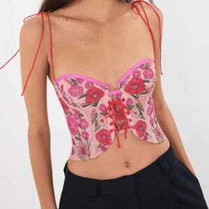 For Love And Lemons Pink Floral Corset with Red Straps